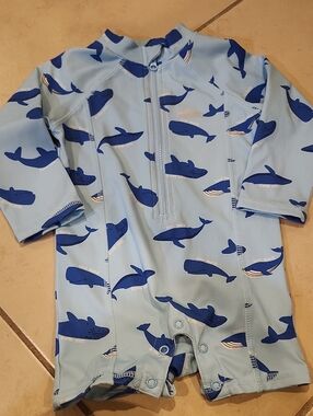Eddie Bauer Light Blue Whale Print Swim Romper Rashguard Size 12 Mos.